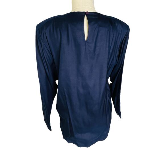 Vintage Joanie Char Navy Blue 100% Silk pleated blouse - Picture 2 of 11